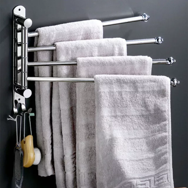 4 Arm Swing Swivel Moveable Bathroom Towel Rail Rack Shelf Hook Chrome Foldable