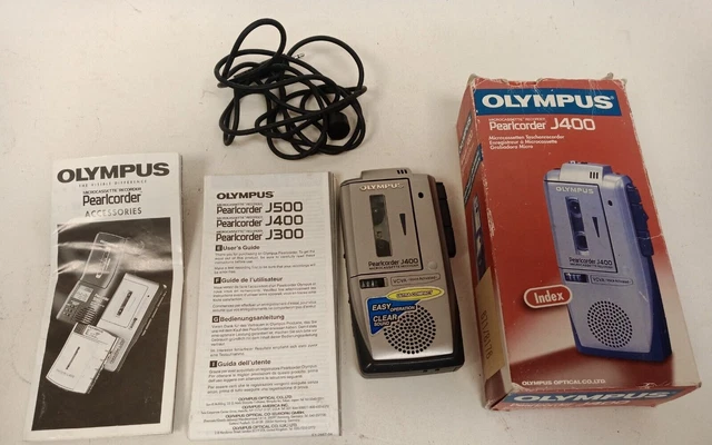Dictaphone à Microcassettes Olympus Pearlcorder J400 - Argenté, Fonctionnel Avec 5 Cassettes