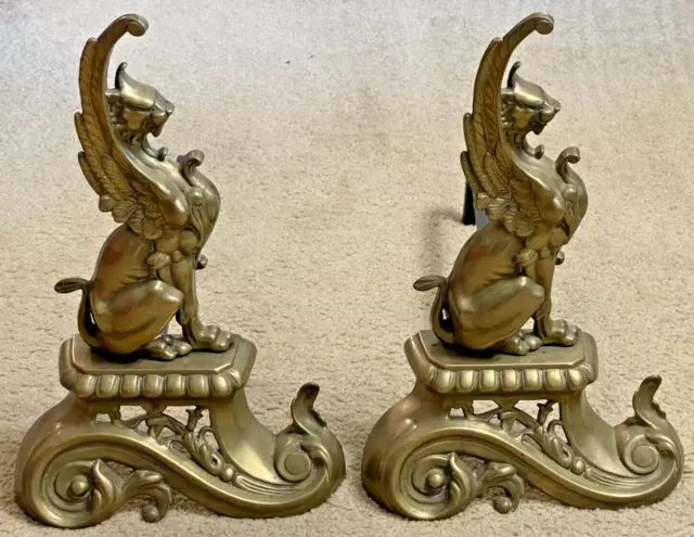 Beautiful Vintage Brass Repoussé Griffin Sphynx Andirons 17" tall