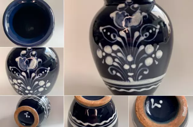 Vintage Studio Pottery Vase Dark Blue & White Floral Signed 15cm x 10cm