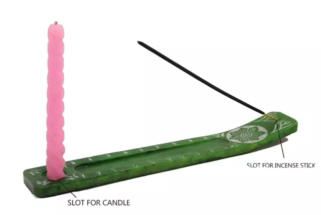 Handgeschnitzt Blumen Grün Marmor Speckstein Streifen Kerze Halter Weihrauch C16