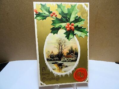 Merry Christmas Winter Scene and Holly Postcard 1909