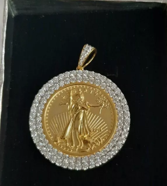 Lady Liberty COIN 2 Ct Round Lab Created Diamond Pendant 14k Yellow Gold Finish