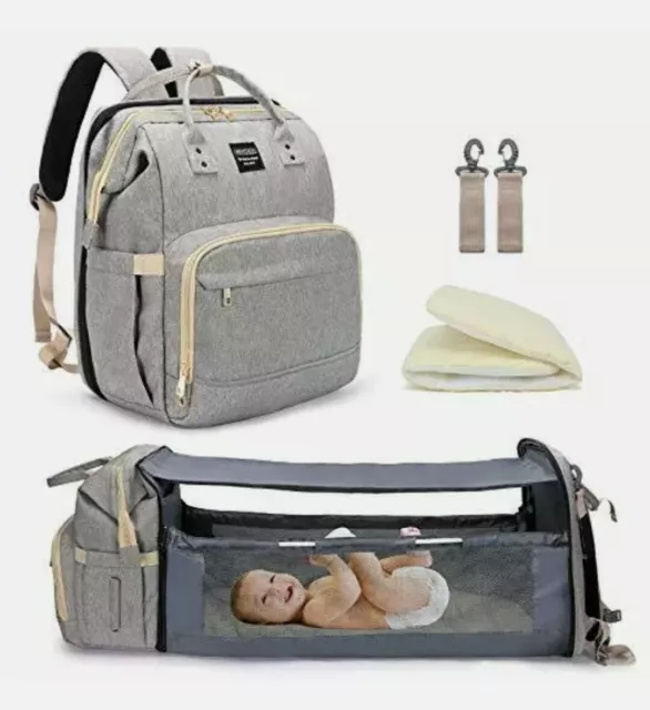 Diaper Bag Backpack with Travel Bassinet Detachable Foldable Baby Bed Gray