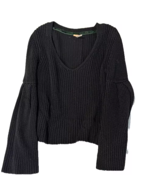 FREE PEOPLE Sweater S Pullover V-Neck Bell Sleeve Ribbed Cotton Black