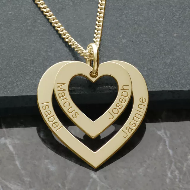 9ct Yellow Gold Personalised Double Heart Engraved Pendant Necklace & Chain Gift