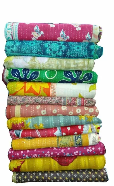 Indian Handmade Coverlet Kantha Quilt Vintage Bedspread Throw Cotton Blanket 3