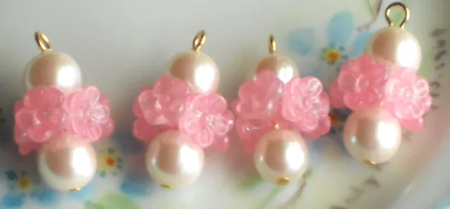 #35G Vintage Charms Flower Drop Drops Dangles Flower Pink Beads Pearl Loop Charm