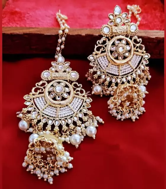 Bollywood Style Gold Plated Indian Jewelry Pearl Kundan Jhumka Earrings Set
