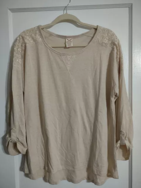 FADED GLORY SHIRT Women’s Top XL 16-18 Floral Lace Henley Tan 3/4 ...