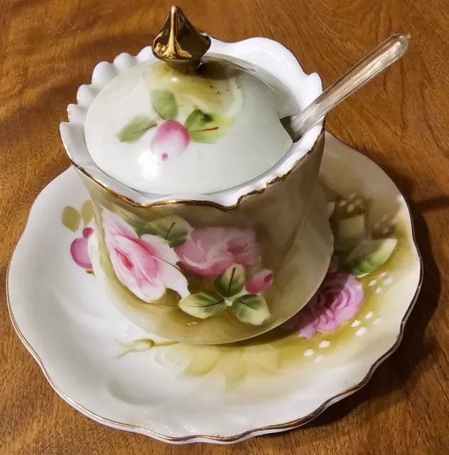 Sale:Vintage Lefton China green/white Sugar Bowl With Spoon Hand Painted Rose