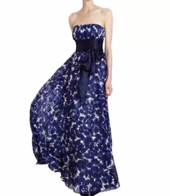 BCBGMaxAzria Kiara Silk Blue & White Floral Strapless Maxi Dress with Bow size 4
