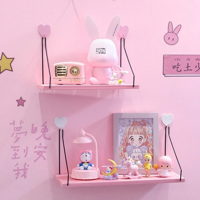 Pink Wall Shelf Wooden Base Iron Sturdy Bracket for Girls Bedroom Decoration