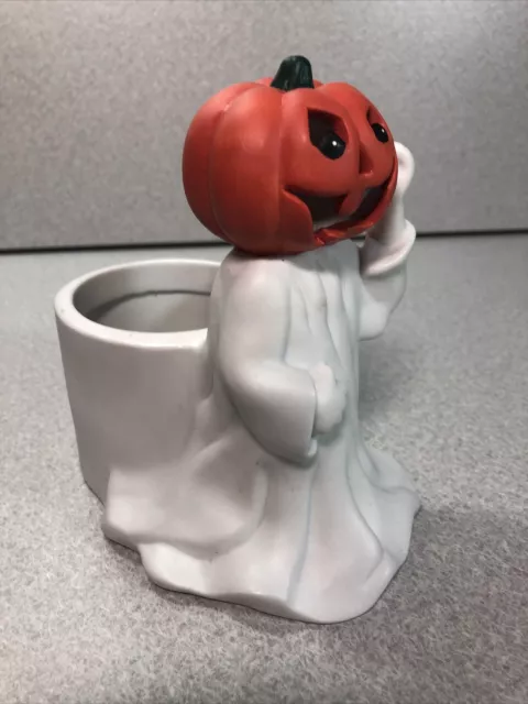 Vintage New Holland Floral Bisque Ceramic Ghost Pumpkin Head Planter Halloween