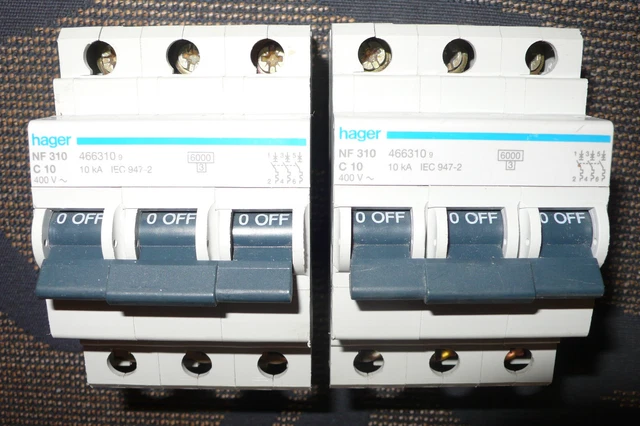 Disjoncteur Triphasé Schneider 3P 10A Courbe C - 10kA - 3 Modules - Réf. A9F74310 - Neuf
