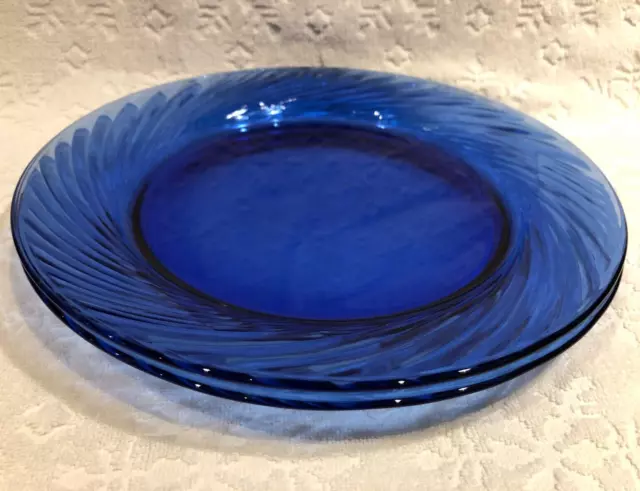 RETRO PYREX 2001-3; TWO 10.75-IN Festiva COBALT-Blue Swirl-Rimmed Dinner-Plates