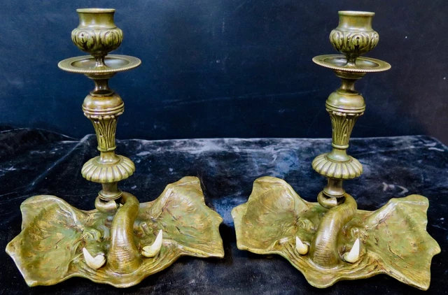 Vintage Pair Early 20th Century Bronze "Elephant" Candlesticks