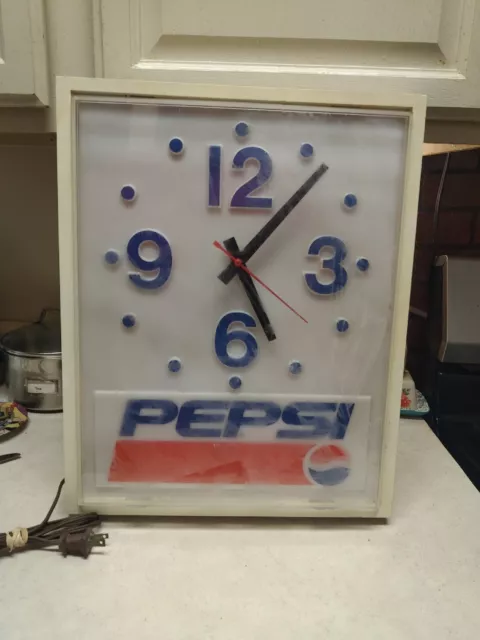 Vintage 1980's Pepsi Cola Advertising Wall Light Up Clock Sign 16" X 13.5" RARE