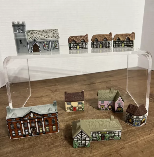 Vintage Wade England Miniature Porcelain Houses, Church And Shops Lot Of 9