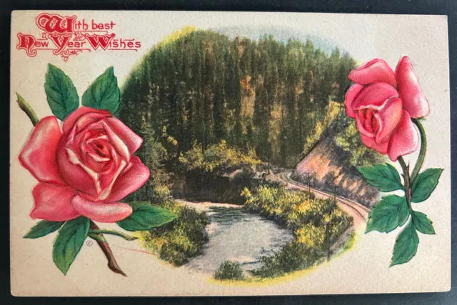 Postcard - Embossed - With Best New Year Wishes - Roses River Scene