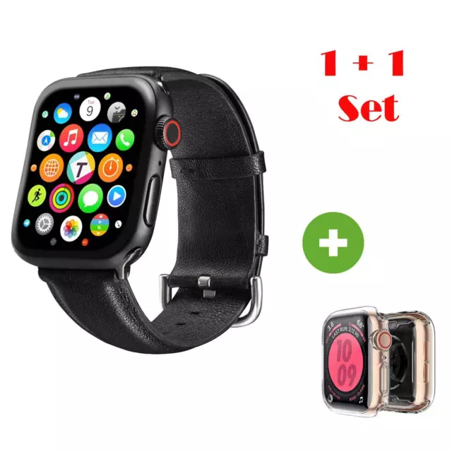 Für Apple Watch 0 - 3 LEDER Armband 42 mm Band Schwarz + Schutz Hülle TPU