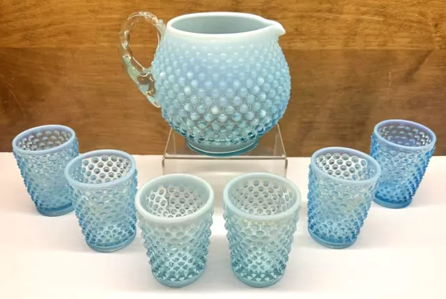 Vintage 7 Pc Fenton Aqua Blue Opalescent Hobnail Pitcher & 6 Glasses