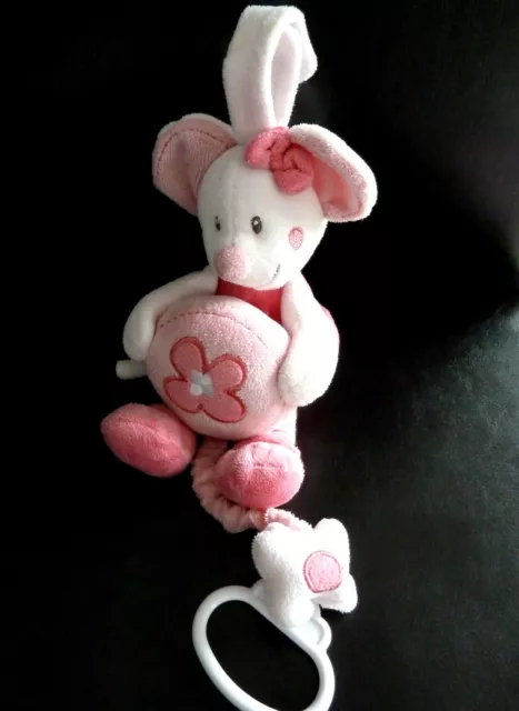 * Doudou Peluche Musical Nicotoy Kiabi Souris Robe Rose Blanc Fleur Raye - Tbe