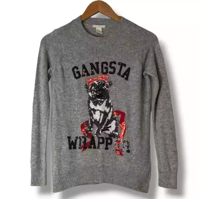 Gangsta Wrapper Sequin Pug Dog Christmas Holiday Alpaca Blend Sweater: XS