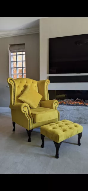 Luxury UK Handmade Suede Chesterfield Armchair + Matching Footstool LEMON NEW