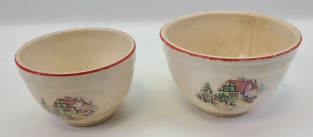 Vtg  Mixing Nesting Bowls Rare Bowl Set 2 Needlepoint/Embroidery House Theme
