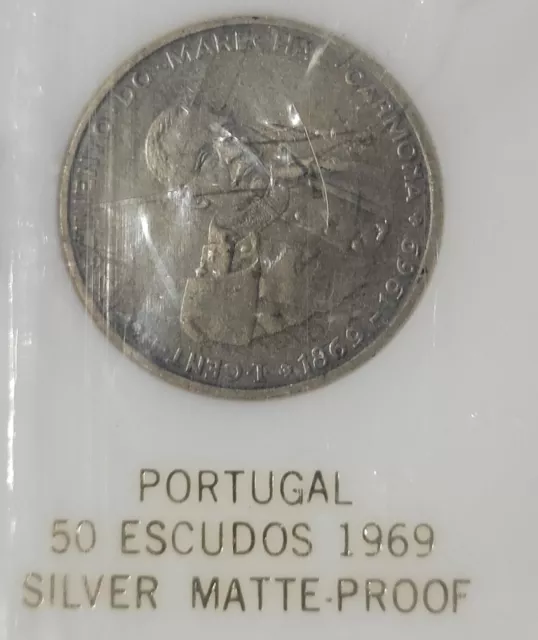 1969 Portugal Silver 50 Escudos Matte Proof With Presentation Case  Rare!!