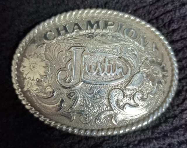 Vintage Justin Champion Oval Belt Buckle 2.75" x 2.25" Cowboy Rodeo Western