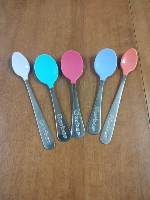 Set Of 5 GERBER Baby Toddler Colored Soft Tip Spoons Stainless Steel
