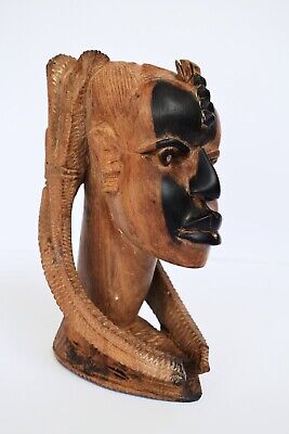 Vintage Carved African Tribal Woman Head Bust Statue Girl Ebony Wood Sculpture"4