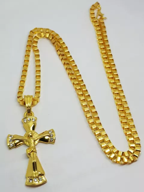 Box Link Chain Necklace18K Gold Plated Cross Pendant CZ Stone Men Women HipHop 3