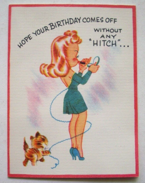 KITTEN TEASES PRETTY Girl Doing Lips Vintage Birthday Greeting Card kitten-teases-pretty-girl-doing-lips-vintage-birthday-greeting-card