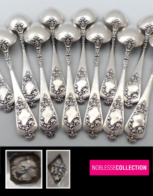 HENRI SOUFFLOT ANTIQUE 1880s FRENCH STERLING SILVER DESSERT SPOON SET 12pcs 297g