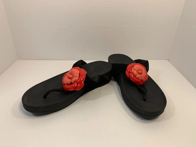 FitFlop Thong Sandals Flip Flops Black Florent Red Rose Flower Comfort Size 8