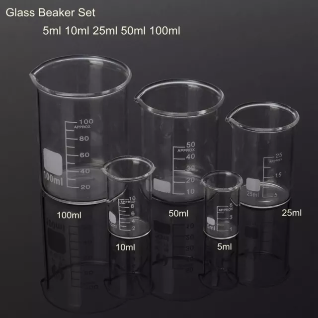 5pz 5-100ml Beaker-Becher-Bicchiere Graduato Forma Bassa Borosilicato Vetro Kit