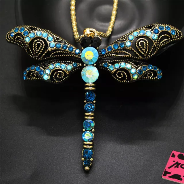 New Betsey Johnson Blue Enamel Cute Dragonfly Crystal Pendant Chain Necklace