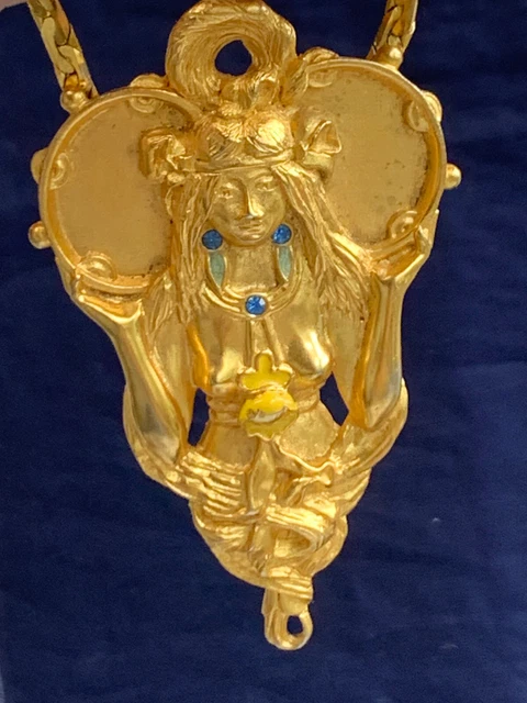 Vtg Art Nouveau Style Necklace Goddess 30.5" Enamel Sapphire Color Gems Stamped