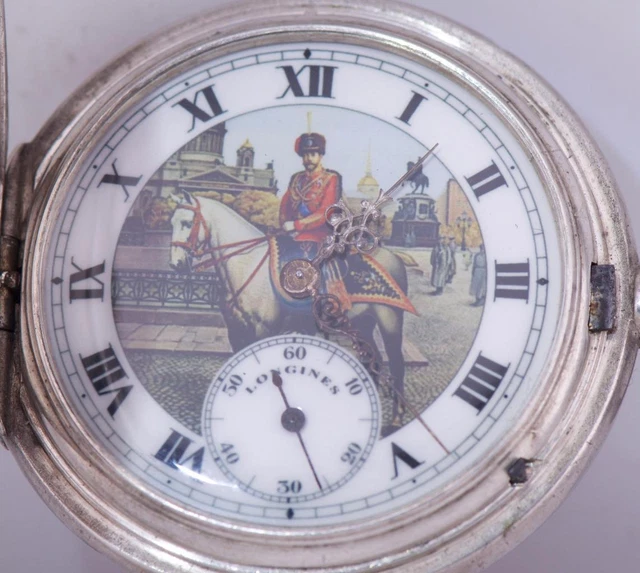 Montre De Poche Ancienne En Argent Niello - Représente Le Tsar Nicolas II, Très Bon état Vintage