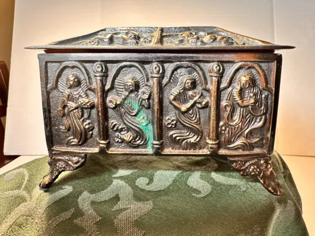 Ornate Copper Putti Cherub Angel Religious Hinged Jewelry Footed Trinket Box