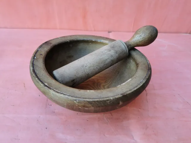 Antique Primitive Old Wooden Cup Mortar And Pestle For Spices Or Nuts