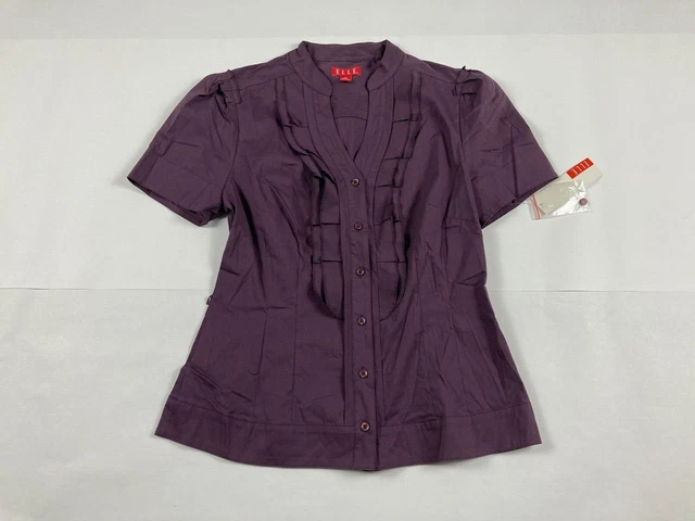 Women's ELLE V-Neck Button Blouse Shirt Top Short Sleeve Size XS Purple #1074