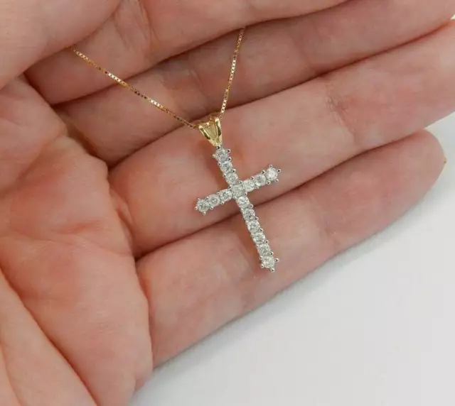 1.30Ct Round Cut Diamond Cross Pendant Necklace 14K Yellow Gold Over Free Chain