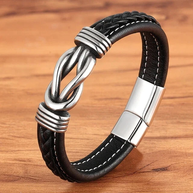 Homme Cuir Véritable Bracelet et Acier Inoxydable Bracelet Multi Tissé