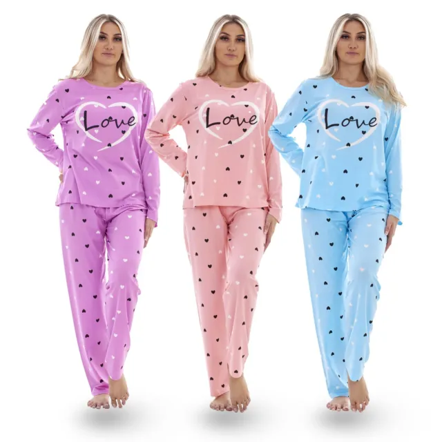 Ladies Pyjama Set Love Crew Neck Long Sleeve Soft Cotton Loungewear PJs M to XXL