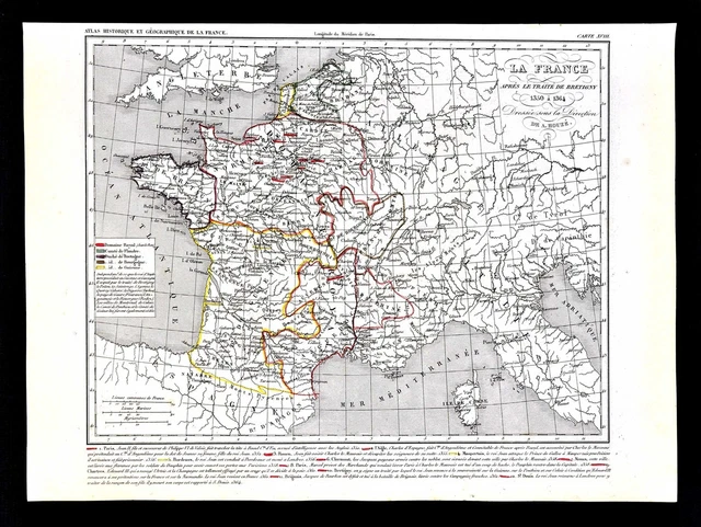 1849 Houze Map France Treaty of Brétigny 1350-1364 Paris English Duchy Guienne