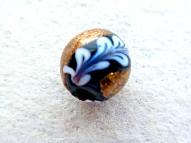 Beautiful Antique Round Black W/ White Feathers & Aventurine Glass Trade Bead